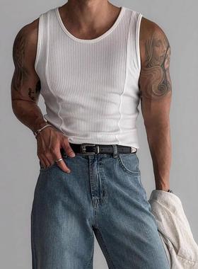 Knitted vertical bar fitness vest for men, sleeveless wide