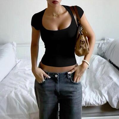 Short cut slimming top collar exposed navel short sleeved
