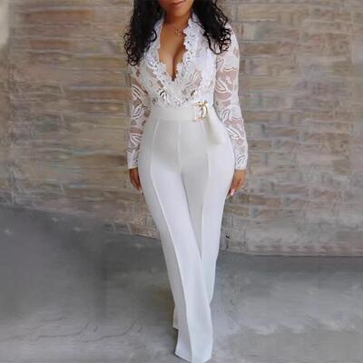 Deep white lace patchwork jumpsuit pants for women with