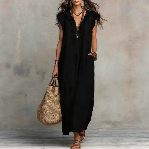 V-neck ruffled pocket women's long skirt