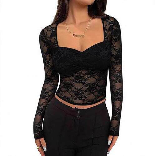 Square collar, waist cinching, lace undershirt, top for