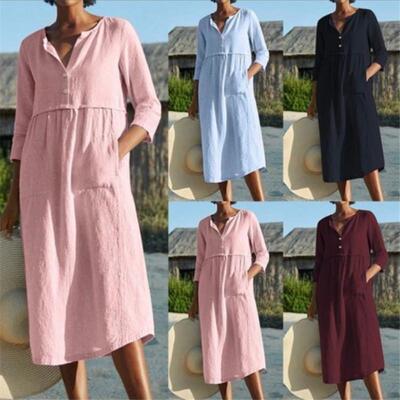 Pocket cotton and linen mid sleeve dress