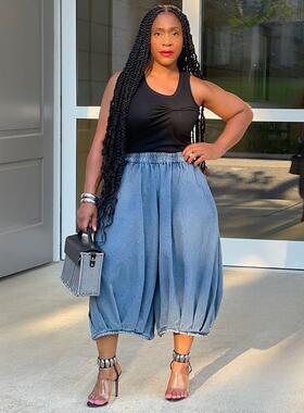 Women's jeans elastic waist straight leg wide leg cropped