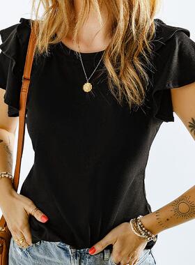 Hooded ruffled short sleeved T-shirt for women, slimming