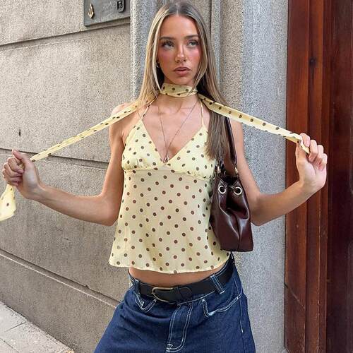 V-neck polka dot backless lace up tank top