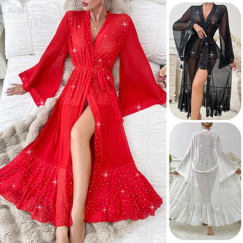 Bathrobe, sleeping robe, sequins, mesh, lotus leaf skirt,