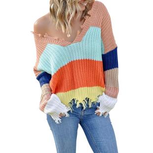Ragged sweater, women's collar, striped patchwork,