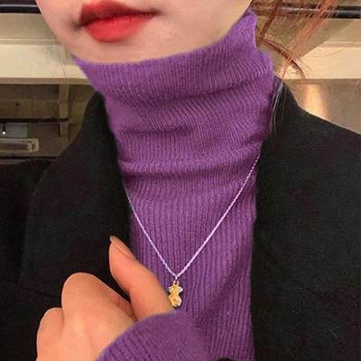 Avocado green pile high neck thick base sweater for women,