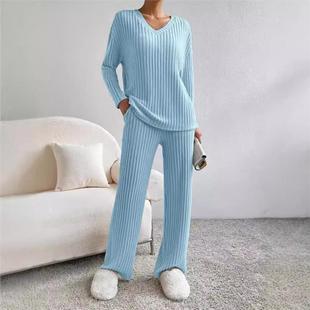 straight leg pants Two groove collar knitted women