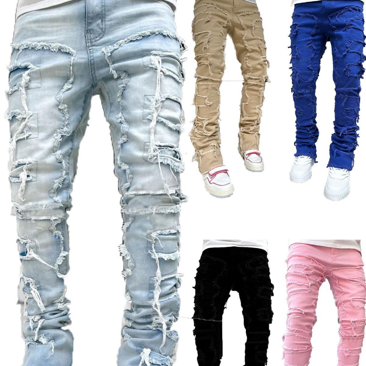 Men's elastic tassel patch denim straight leg pants