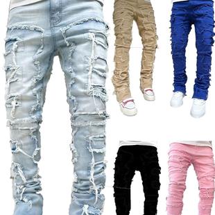 straight patch denim tassel leg Men pants elastic