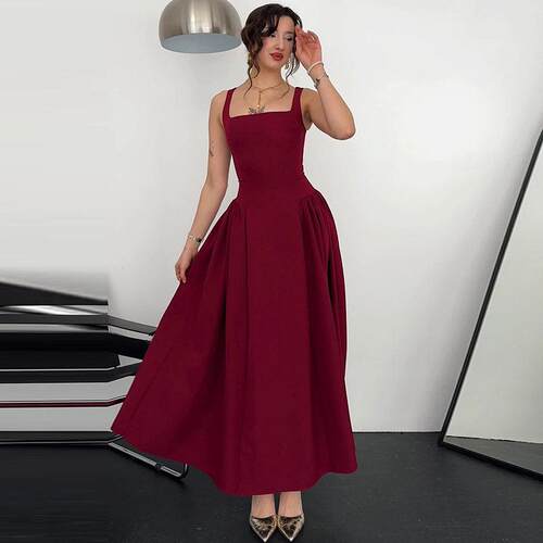 Backless zipper waist cinching shoulder strap dress