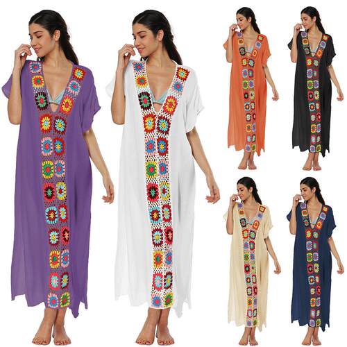 Hand hook patchwork dress, slit long skirt, long robe,