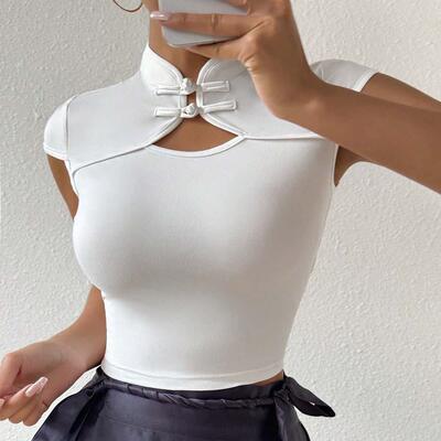 Stand up collar short sleeved T-shirt button up top for