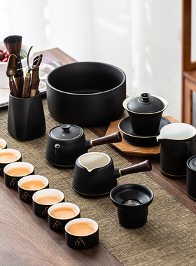 黑陶内白功夫茶具盖碗茶壶套装侧把壶描金山茶杯陶瓷新中式德化