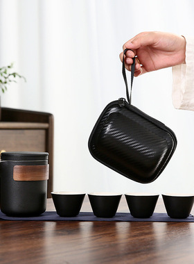 商务旅行茶具套装户外露营粗黑陶古韵复古陶瓷一壶两杯/四杯