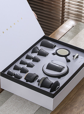 沧海粗陶外黑内白功夫茶具盖碗茶壶套装喝茶杯子家用客厅送礼盒装