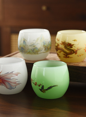 黄色女士琉璃茶杯陶瓷主人杯家用功夫茶盏玻璃单杯玉石品茗杯