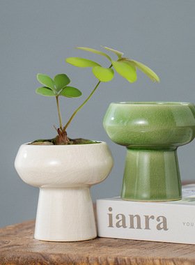 陶瓷开片小花盆铜钱草花器小清新容器桌面档次网红花盆有孔