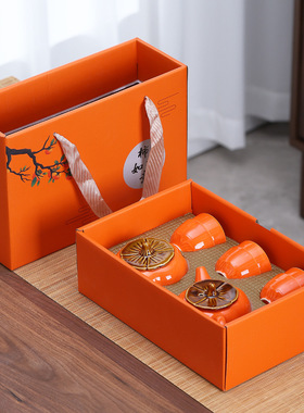 德化红色陶瓷礼品茶具套装瓷器柿柿如意套组礼盒装中式家用办公室