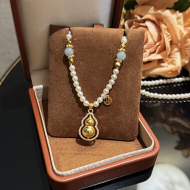 金店同款！鎏金镶钻葫芦珍珠项链