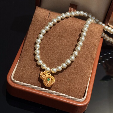 古法镂空鎏金绿玉髓葫芦珍珠项链