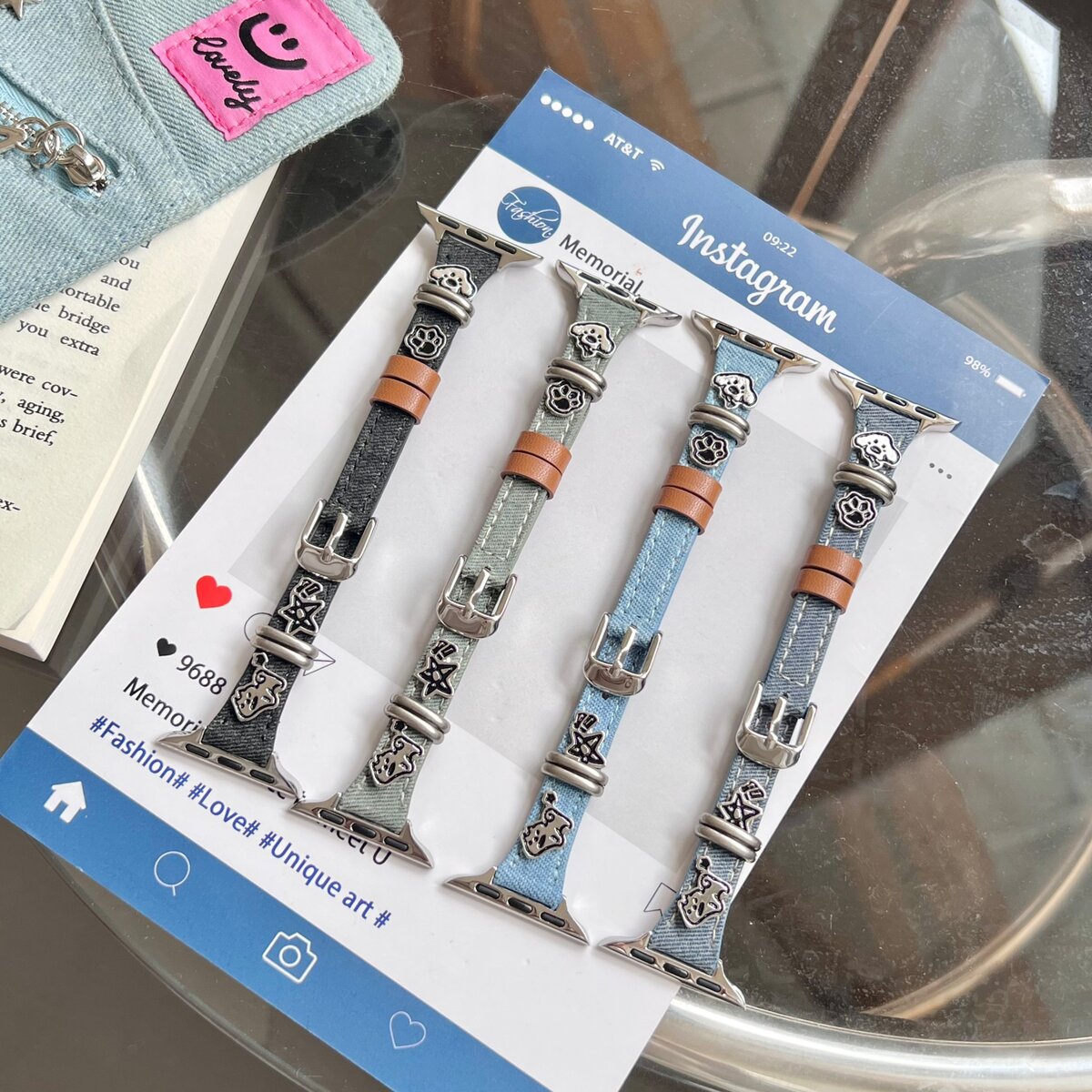 小狗配饰牛仔表带适用于applewatch 表带iwatch s10卡通系列表带