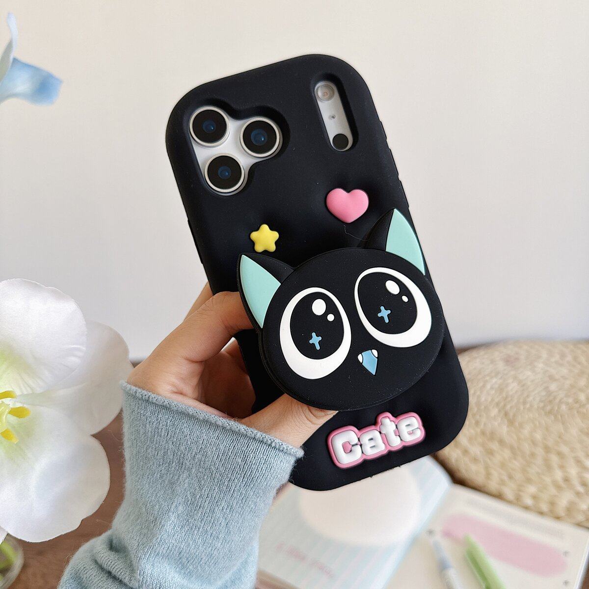 支架猫耳朵黑色小猫适用苹果16promax手机壳17promax新款iPhone15硅胶套ipone14/ip13防摔12pro男女款11
