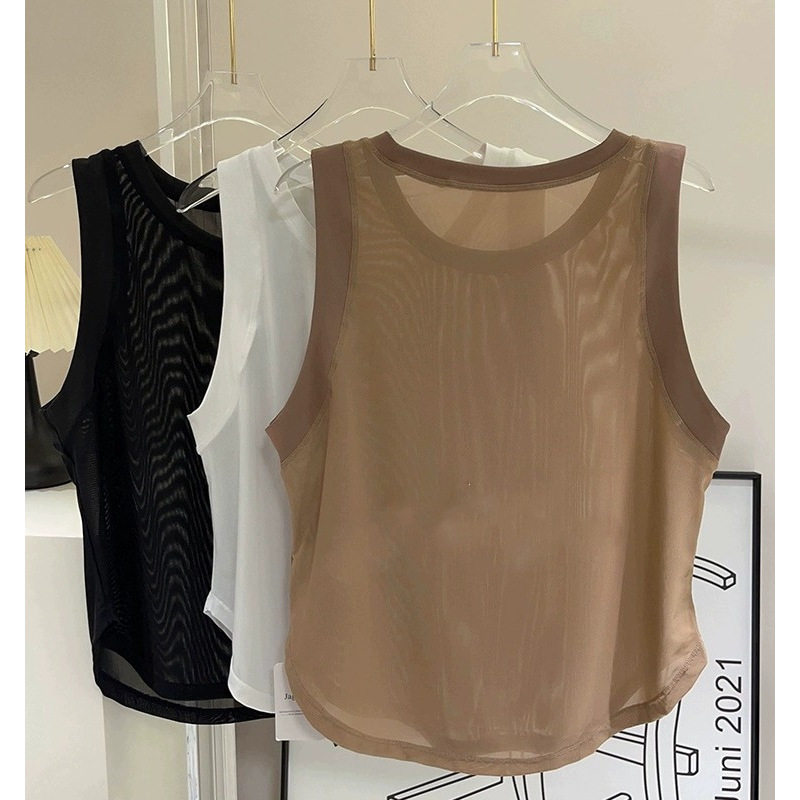 大码宽松网纱拼接薄款运动罩衫 无袖瑜伽背心透气速干健身服上衣