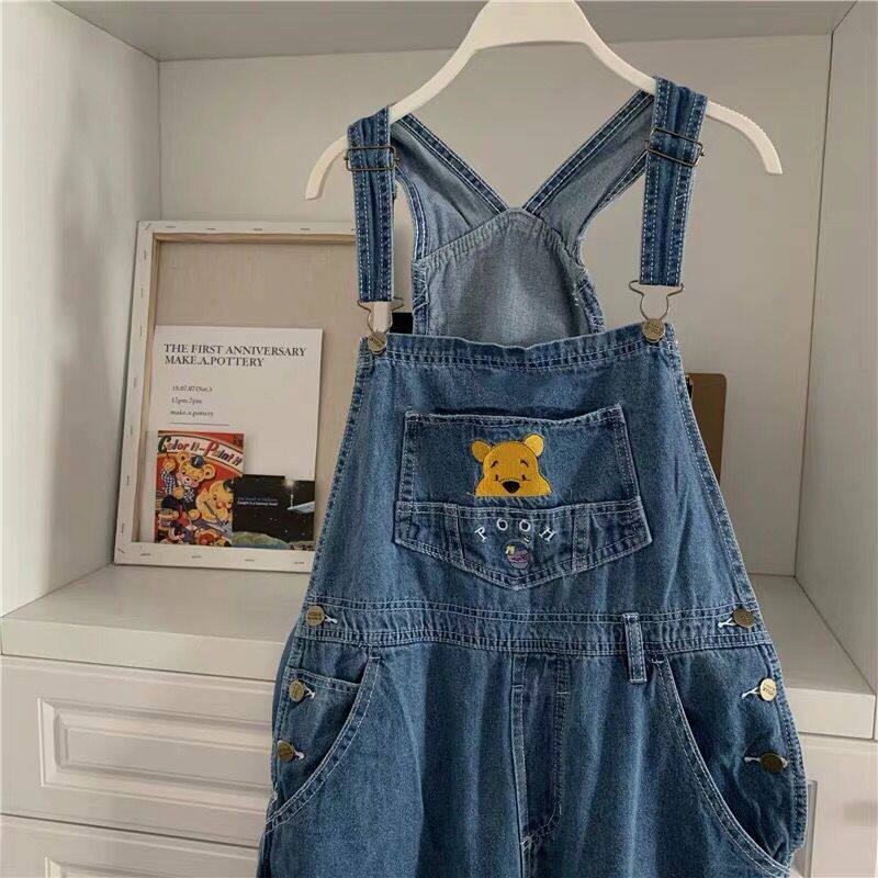 CUTE CARTOON EMBROIDERY BEAR DENIM BIB WOMENS HIGH WAIST LOOSE STRAIGHT CHIC AGE REDUCTION WIDE LEG TROUSERS TIDE BF