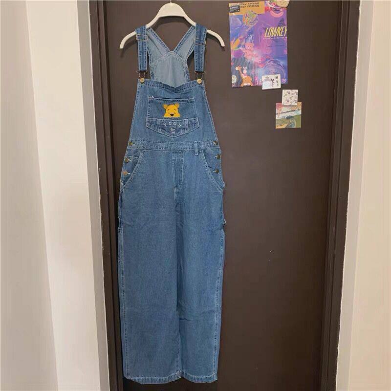 CUTE CARTOON EMBROIDERY BEAR DENIM BIB WOMENS HIGH WAIST LOOSE STRAIGHT CHIC AGE REDUCTION WIDE LEG TROUSERS TIDE BF