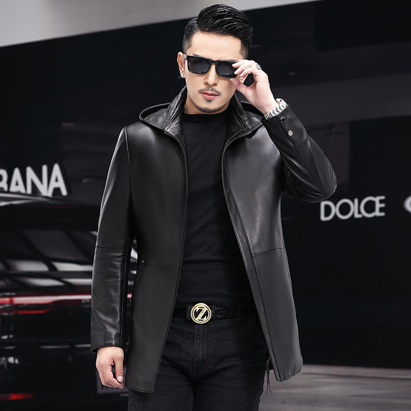 真皮风衣男冬季真皮皮衣男绵羊皮羽绒服中长款连帽可拆18-2022