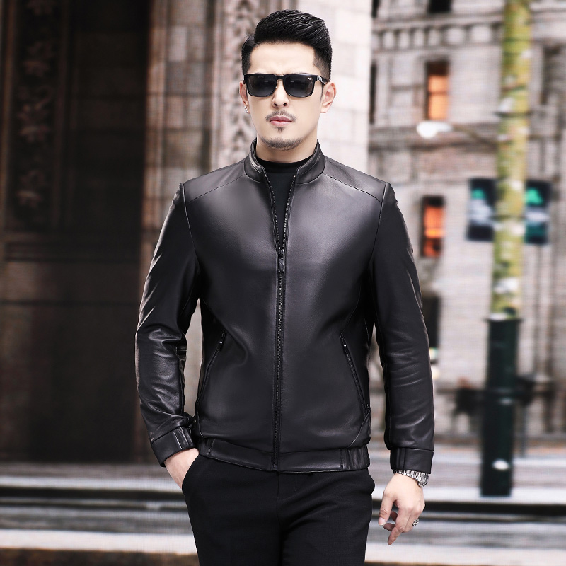 皮衣男绵羊皮夹克男立领商务休闲