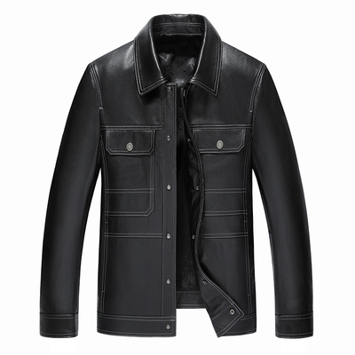 春季新款真皮经典翻领皮夹克