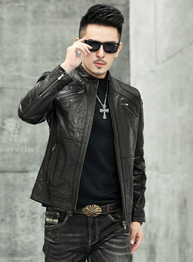 痞帅真皮皮衣男油蜡牛皮夹克休闲立领单皮机车款潮男外套14-28602
