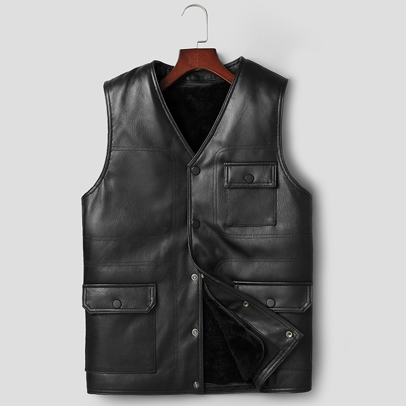 皮毛一体真皮马甲男羊毛马夹山羊皮背心爸爸装中老年坎肩14-8707