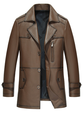 真皮牛皮皮衣男西装领真皮风衣男中长款厅局干部装送礼用19-98018
