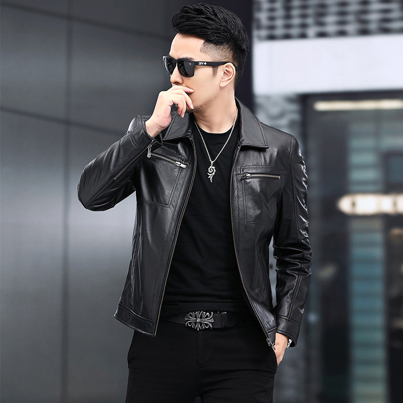 2025新款胎牛皮真皮皮衣男翻领机车服真皮夹克单皮爸爸外套08-13