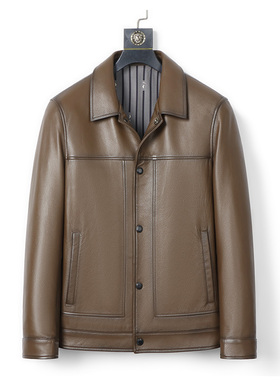 牛皮真皮皮衣男商务休闲翻领爸爸装真皮夹克男行政款皮衣19-25823