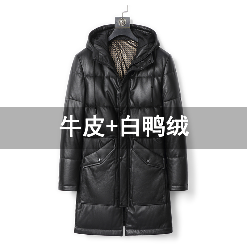 连帽真皮加厚中长款羽绒服男