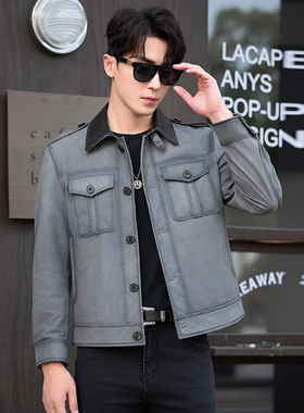 潮男真皮皮衣男新款磨砂牛皮夹克短款翻领秋冬单款皮夹克10-28132