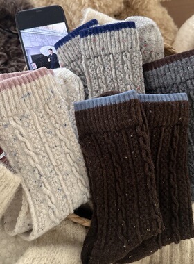 【Puffshop】原创25FW羊毛袜保暖点子纱韩系ins拼色麻花纹中筒袜