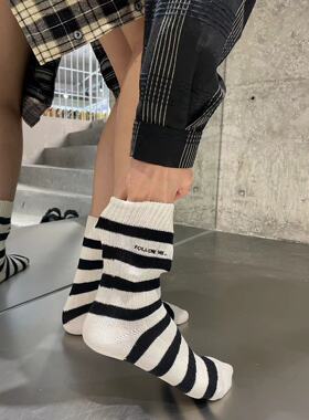 欧货复古堆堆韩版字母粗线条纹粗线时髦潮流个性小众袜子女