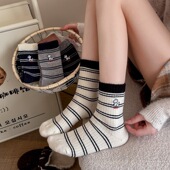 Puffshop 原创25FW秋冬卡通刺绣小狗条纹羊毛袜女中筒袜加厚