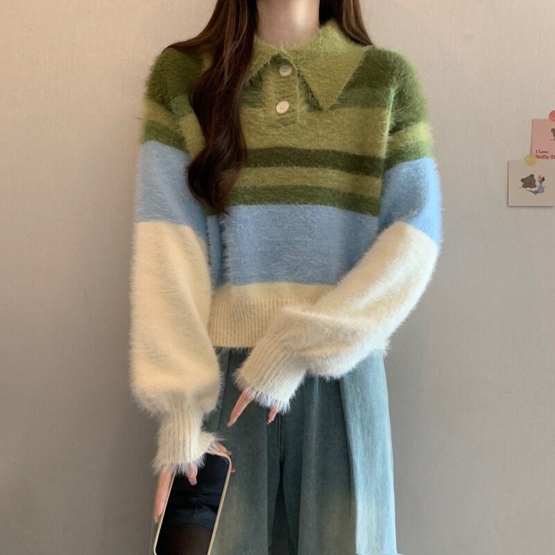 撞色条纹翻领针织毛衣女秋冬大码