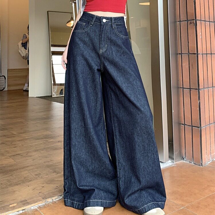 深蓝色高腰牛仔裤女秋冬新款港风辣妹宽松垂感阔腿裤大裤脚拖地裤
