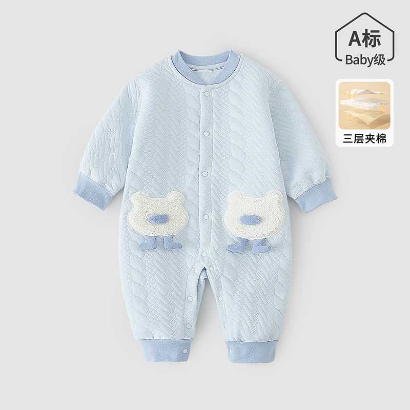婴儿秋装夹棉连体衣保暖对开爬服