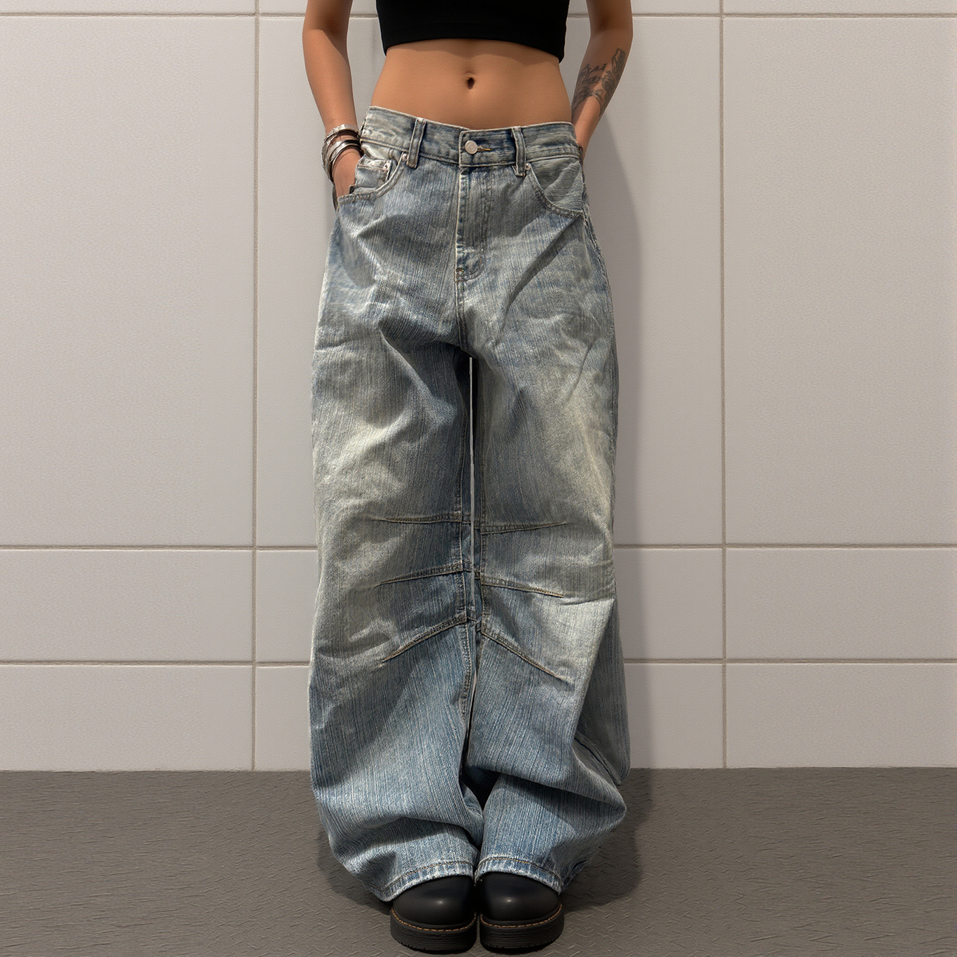 美式复古竹节纹理感牛仔裤褶皱