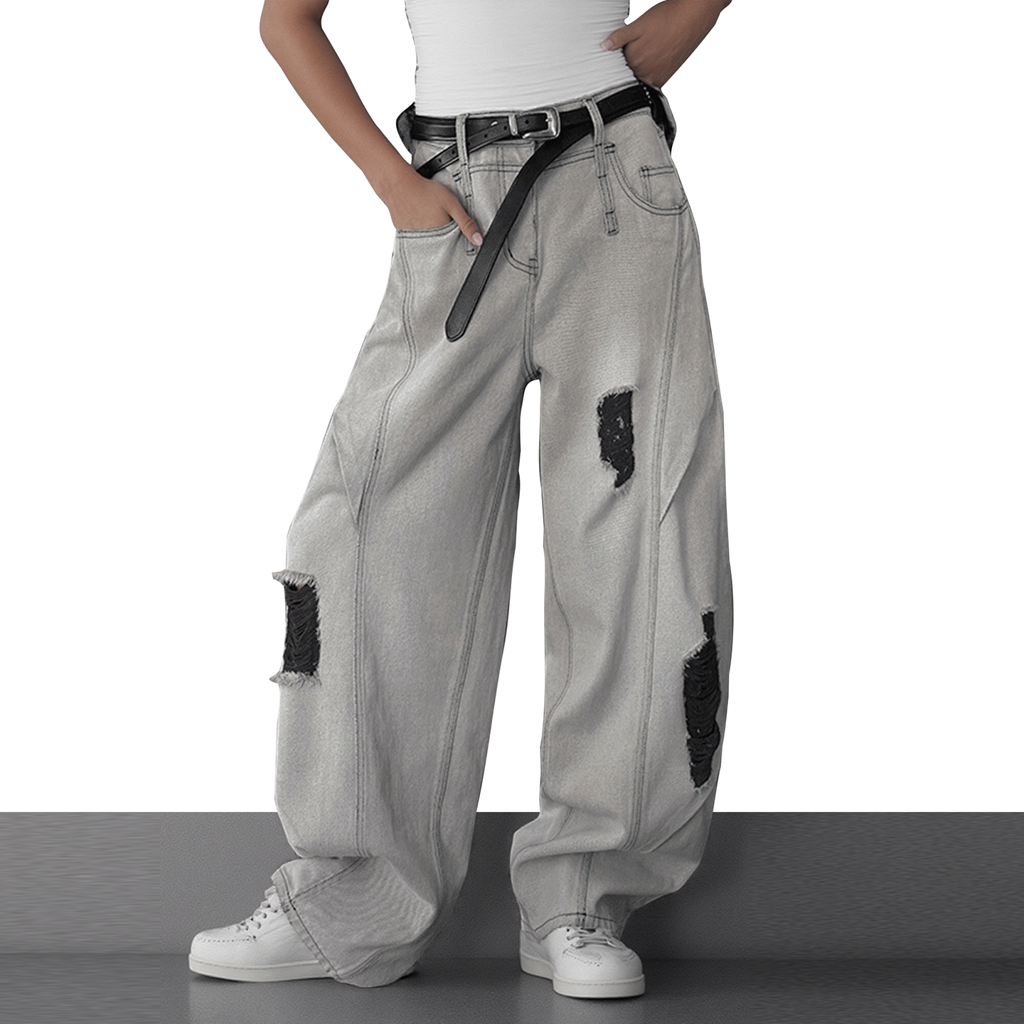 美式街头设计感水洗破洞牛仔裤子