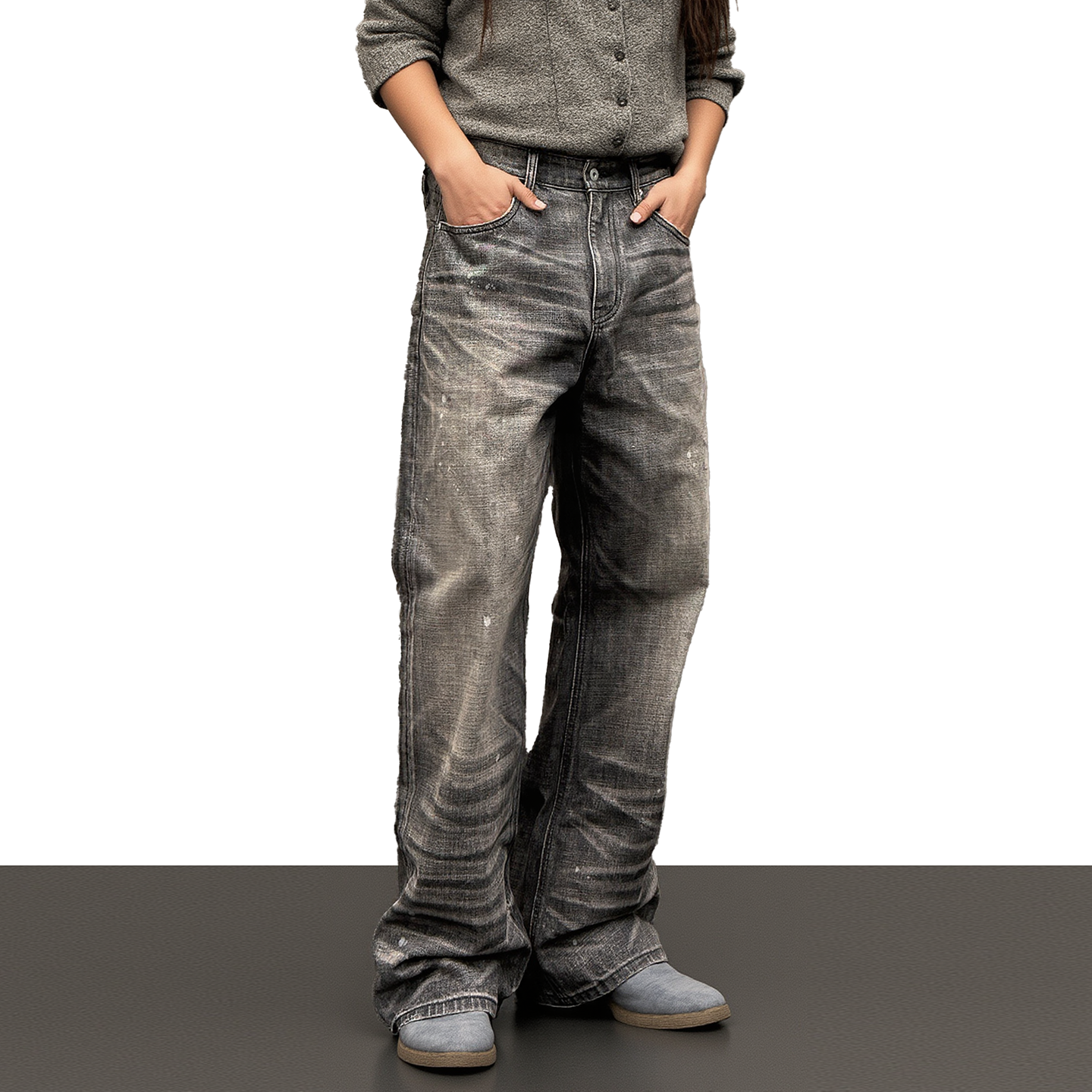 美式复古做旧泼墨直筒牛仔长裤潮